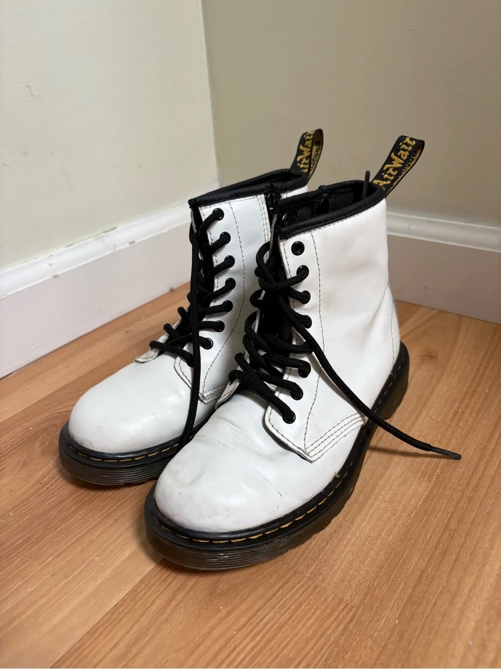 Dr. Martens White Lace-Up Kids Combat Boots with Black Trim